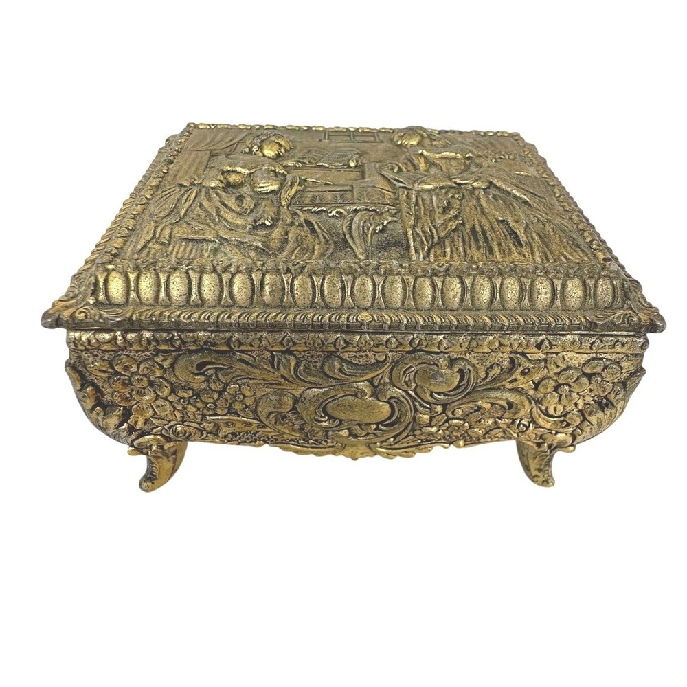 Vintage Jewelry Trinket Box Gold Toned Pewter Ornate Footed Victorian Regency